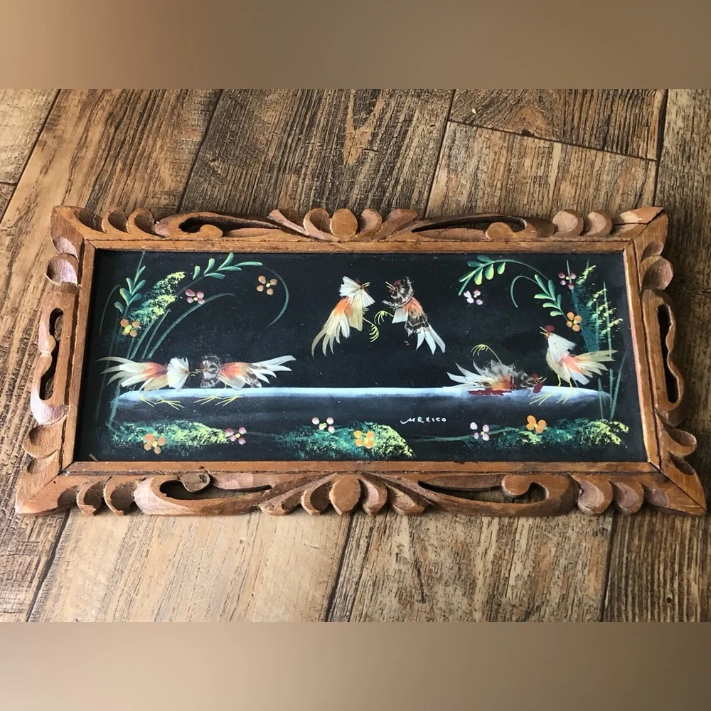 Vtg 1930s Mexican Feather Art Roosters Chickens Folk Art Framed 16x8”